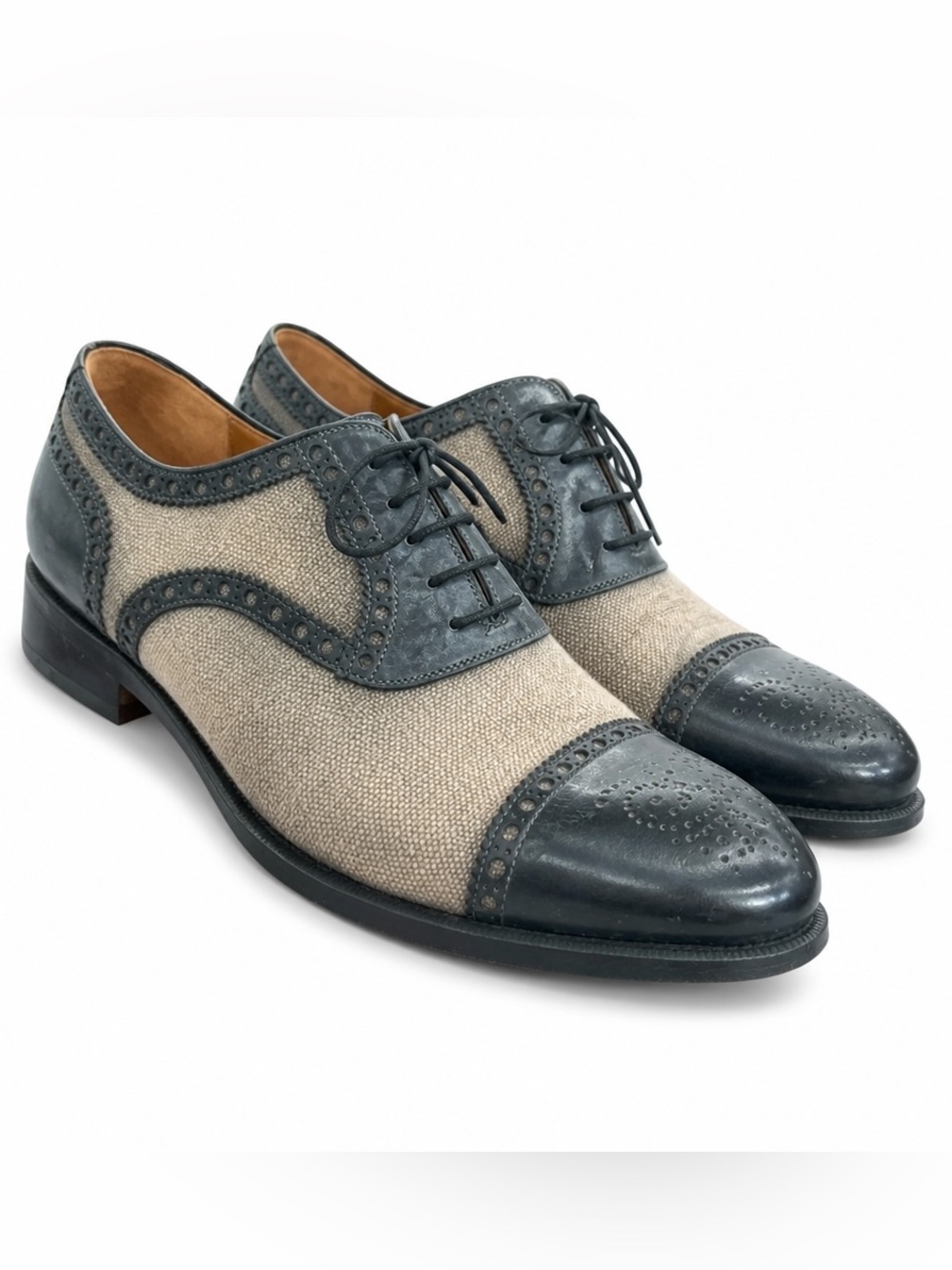 Magnanni Men's Two-Tone Brogue Oxford Shoes - Black and Beige SZ 10